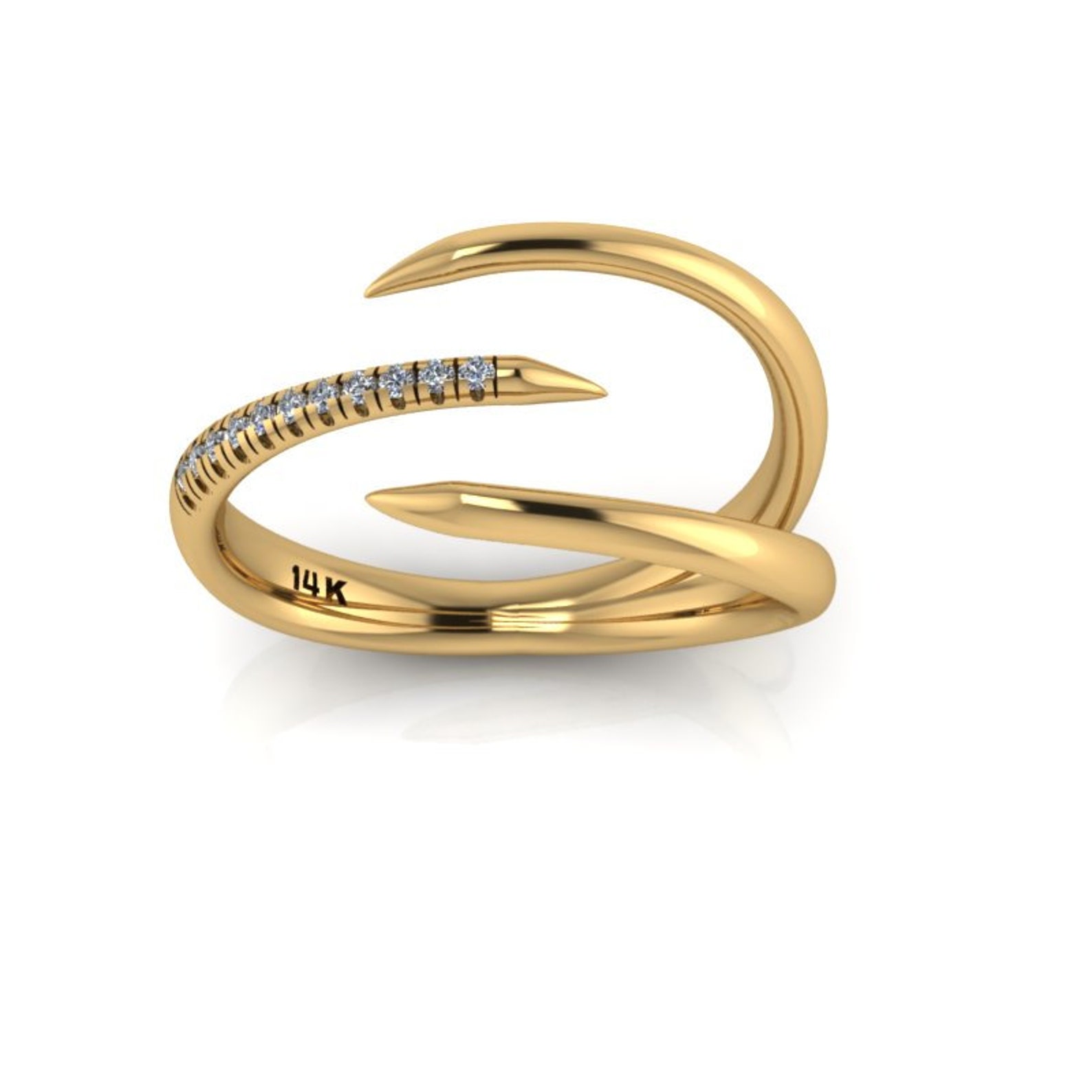 14K Gold Modern Yellow Gold Claw Ring White Diamonds Unique Band ...