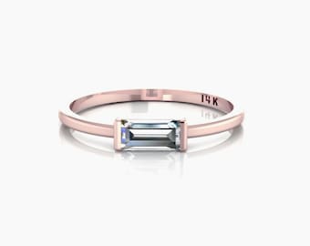 14K Gold Baguette Ring Dainty Rose Gold Stacking Baguette Band Crystal CZ Jewelry Minimalist Ring