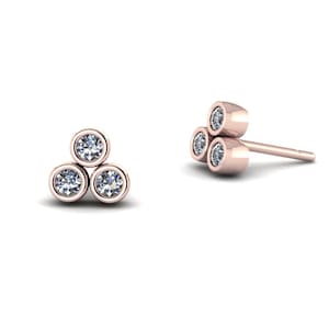 Tiny Three Stone Diamond Earrings Solid 14K Rose Gold Trio Studs Bezel Set Minimalist Post Earrings
