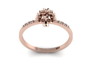 Tattoo Skull Ring 14K Rose Gold Ring Flower Skull Ring Diamonds Rose Gold Skull Goth Ring