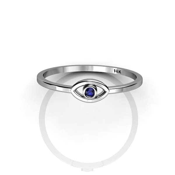 Sapphire Evil Eye Ring - White Gold Protection Amulet - Dainty Blue Sapphire Ring