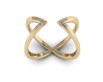 Gouden open ring, 14k diamanten ring met Chevron, statementring