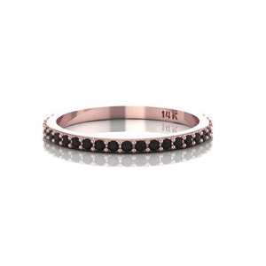 Delicate 14K Rose Gold Band Black Diamonds Wedding Band Pave Band Stacking Ring Matching Band image 1