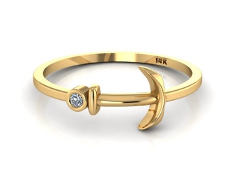 Yellow Gold Anchor Ring 14K Sailor Jewelry Marine Nautical Ring Stackable