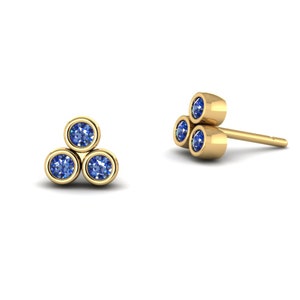 Minimalist Earrings Tiny Blue Sapphires Solid 14K Yellow Gold Trio Studs Bezel Set Post Earrings