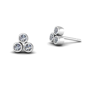 Minimalist Earrings Three Diamond Earrings Tiny Solid 14K White Gold Trio Studs Bezel Set Post Earrings