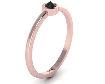 14K Rose Gold Solitaire Ring - Black Gemstone Minimalist Band - Elegant Modern Jewelry
