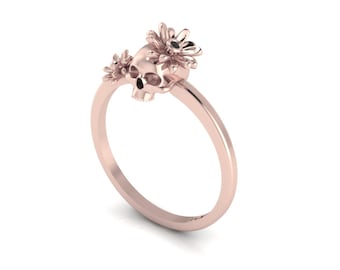 Skull Ring Gold Skull Diamond Ring Flowers Day of the Dead Jewelry Gothic Ring 14k  Solid Rose Gold Tiny Skull Delicate Ring