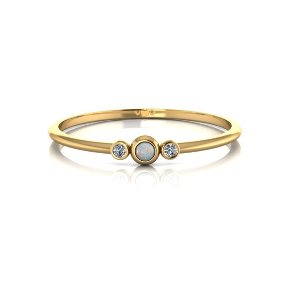 Opal and Diamond Stacking Ring Skinny 1.3mm 14k Gold Opal Diamond Stack Ring Tiny Flower Ring