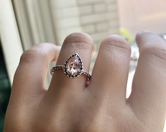 Pear Morganite Engagement Ring 14K Rose Gold Unique Jewelry Gold Wedding Ring Black Diamond Halo