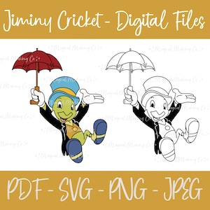Jiminy Cricket (Pinocchio) Digital Files - SVG/PDF/PNG/JPeg - Kids Coloring Pages