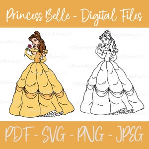 Princess Belle (Beauty and the Beast) Digital Files - SVG/PDF/PNG/Jpeg - Princess Coloring Pages