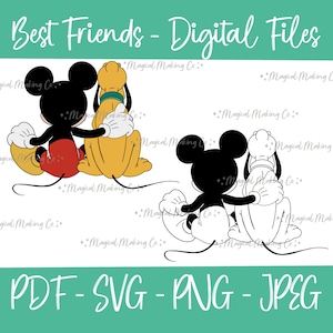 Może przedstawiać: Czarno-biała cyfrowa grafika przedstawiająca Myszki Miki i Pluto, którzy się obejmują. Postacie są odwrócone plecami do widza. Tekst "Best Friends - Digital Files" znajduje się w górnej części obrazu. Tekst "PDF - SVG - PNG - JPEG" znajduje się w dolnej części obrazu.
