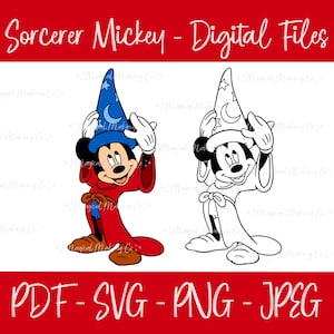 May include: Sorcerer Mickey digital files in PDF, SVG, PNG and JPG formats. The image shows two versions of Mickey Mouse dressed as a sorcerer, one in colour and one in black and white.