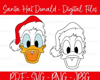 Santa Hat Donald Duck Digital Files - SVG/PNG/PDF/Jpeg - Christmas Coloring Pages