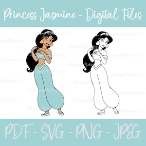 Princess Jasmine (Aladdin) Digital Files - SVG/PDF/PNG/Jpeg - Princess Coloring Pages