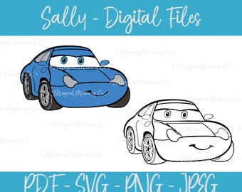 Sally (Cars) Digital Files - SVG/PDF/PNG/JPeg - Kids Coloring Pages/Pixar Coloring Pages