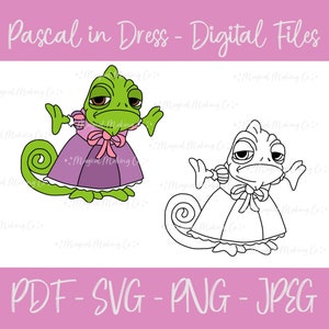 May include: A digital file set of a cartoon chameleon wearing a purple dress with a pink bow. The chameleon is in both color and black and white line art.