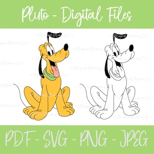 May include: A digital file set featuring two illustrations of Pluto, a cartoon dog character. One illustration is in colour, with Pluto in his signature yellow and orange fur, while the other is a black and white outline.