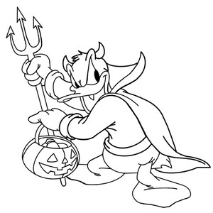 May include: A black and white line drawing of a cartoon duck dressed as a devil for Halloween. The duck is holding a pitchfork and a jack-o-lantern.