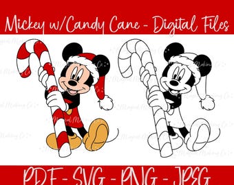 Mickey Mouse with Candy Cane Digital Files - SVG/PDF/PNG/JPeg - Christmas Coloring Pages/Kids Coloring Pages