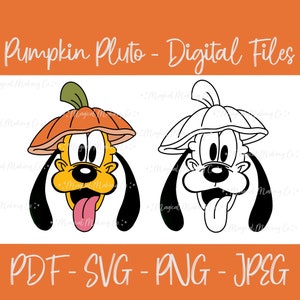May include: A digital file set of a cartoon Pluto dog wearing a pumpkin hat. The image includes a coloured version and a black and white outline version. The text "Pumpkin Pluto - Digital Files" and "PDF - SVG - PNG - JPEG" are included in the image.