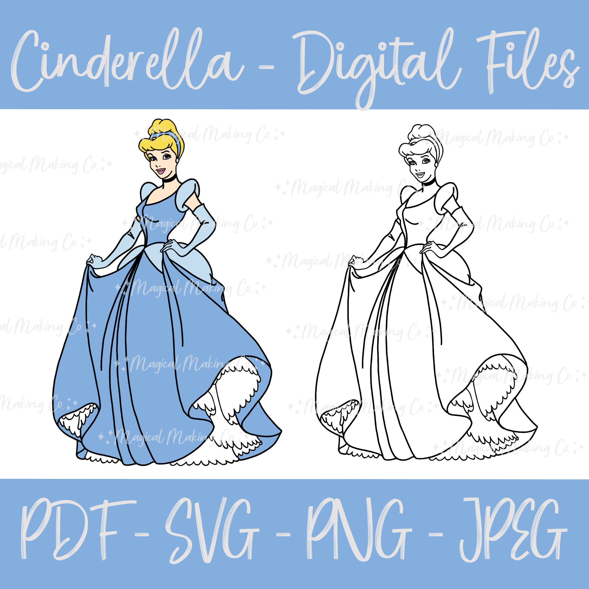 Cinderella Digitale Dateien - SVG/PDF/PNG/Jpeg - Prinzessinnen Malvorlagen, Kinder Malseiten
