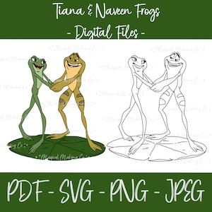Tiana and Naveen Frogs (The Princess and the Frog) Digital Files - SVG/PDF/PNG/Jpeg - Princess Coloring Pages
