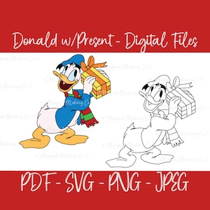 Donald Duck with Christmas Present Digital Files - SVG/PDF/PNG/JPeg - Christmas Coloring Pages/Kids Coloring Pages