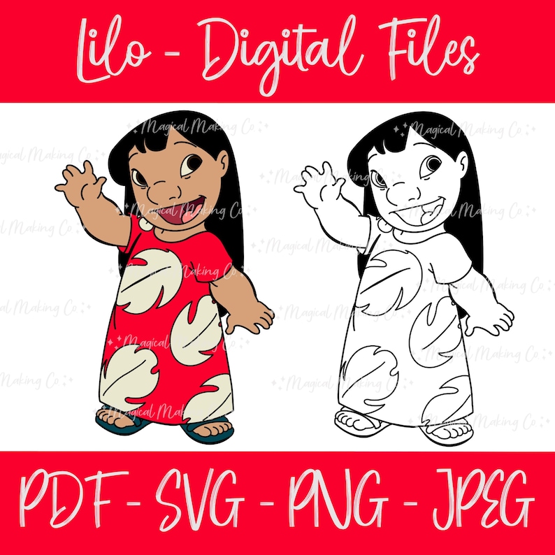 Peut inclure: Un ensemble de fichiers num&eacute;riques repr&eacute;sentant une illustration de dessin anim&eacute; de Lilo du film Lilo & Stitch. L'image montre Lilo dans une robe rouge avec des motifs floraux blancs, faisant un signe de la main avec un grand sourire. La deuxi&egrave;me image est un contour noir et blanc de la m&ecirc;me illustration. Le texte "Lilo - Fichiers num&eacute;riques" et "PDF - SVG - PNG - JPEG" est &eacute;galement inclus dans l'image.