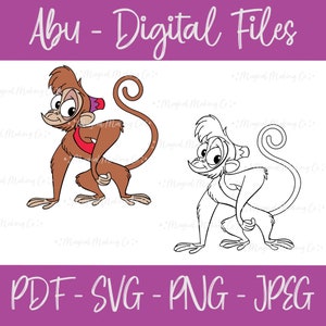 May include: A digital file download of Abu, the monkey from Disney's Aladdin, in both color and black and white line art. The image includes the text "Abu - Digital Files" and "PDF - SVG - PNG - JPEG".