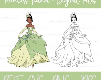 Princess Tiana (The Princess and the Frog) Digital Files - SVG/PNG/PDF/Jpeg - Princess Coloring Pages