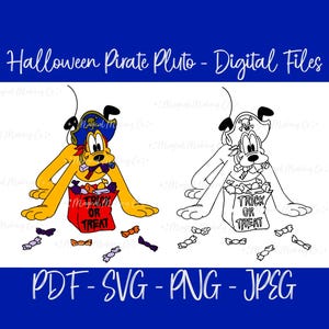 Puede incluir: Un conjunto de archivos digitales de un perro pirata Pluto de dibujos animados vestido con un sombrero de pirata azul y blanco, sosteniendo una bolsa roja de truco o trato con dulces que se caen. La imagen está en color y en blanco y negro.