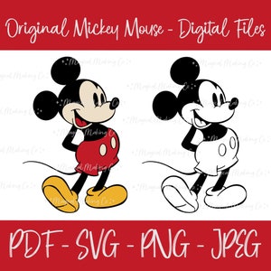 May include: Two digital illustrations of Mickey Mouse. The first illustration is in color, with Mickey Mouse wearing red shorts and yellow shoes. The second illustration is black and white, with Mickey Mouse wearing white shorts and white shoes. Both illustrations show Mickey Mouse with his signature smile and big ears.