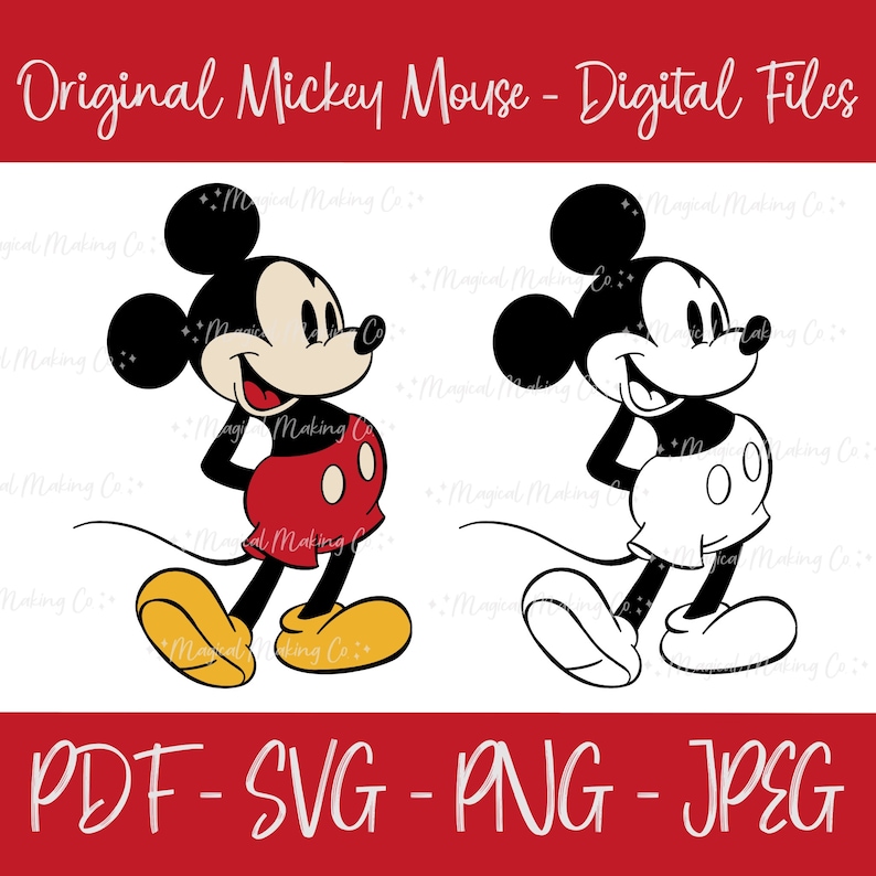 May include: Two digital illustrations of Mickey Mouse. The first illustration is in color, with Mickey Mouse wearing red shorts and yellow shoes. The second illustration is black and white, with Mickey Mouse wearing white shorts and white shoes. Both illustrations show Mickey Mouse with his signature smile and big ears.