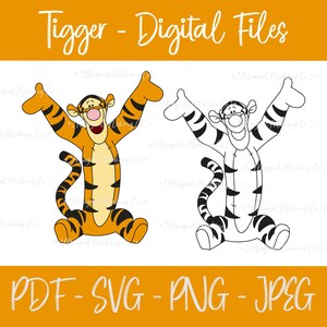 May include: A digital file set featuring a cartoon illustration of Tigger from Winnie the Pooh. The image shows Tigger with his arms raised in a cheerful pose. The set includes a PDF, SVG, PNG, and JPG file.
