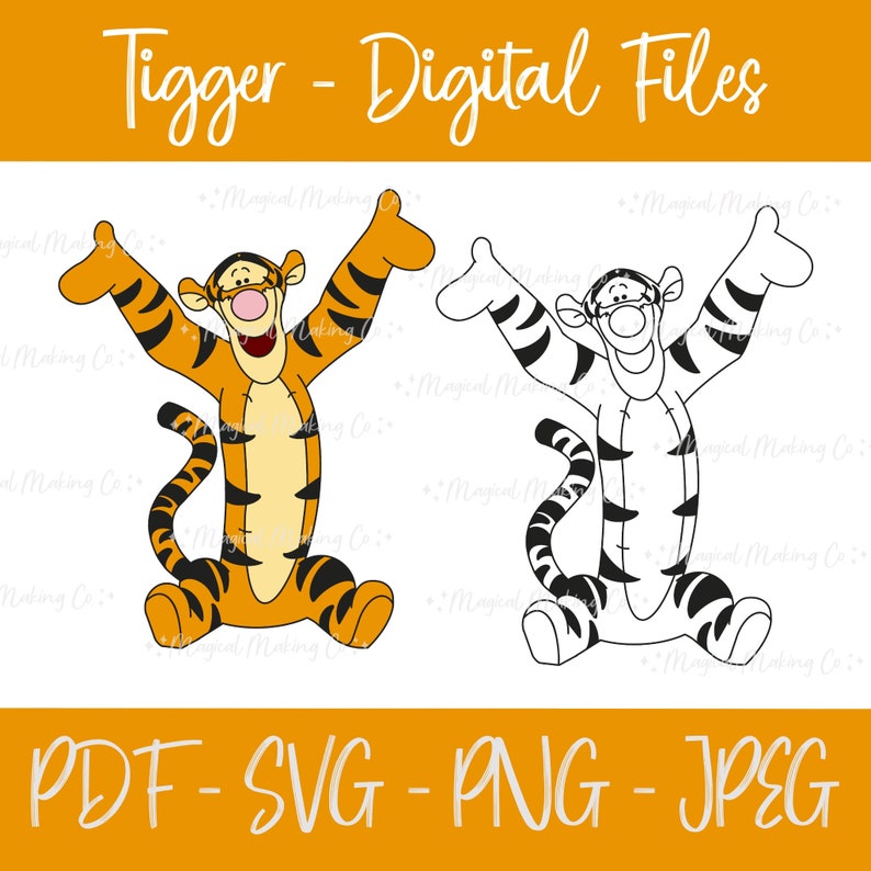 May include: A digital file set featuring a cartoon illustration of Tigger from Winnie the Pooh. The image shows Tigger with his arms raised in a cheerful pose. The set includes a PDF, SVG, PNG, and JPG file.