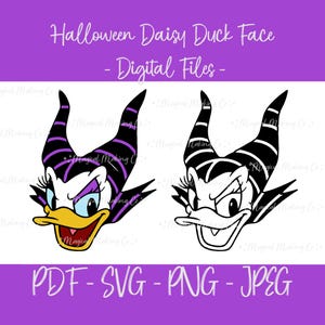 May include: Two Halloween-themed Daisy Duck face designs. One is colored with purple, black, yellow, and red. The other is a black and white outline. Text reads "Halloween Daisy Duck Face - Digital Files - PDF - SVG - PNG - JPEG".