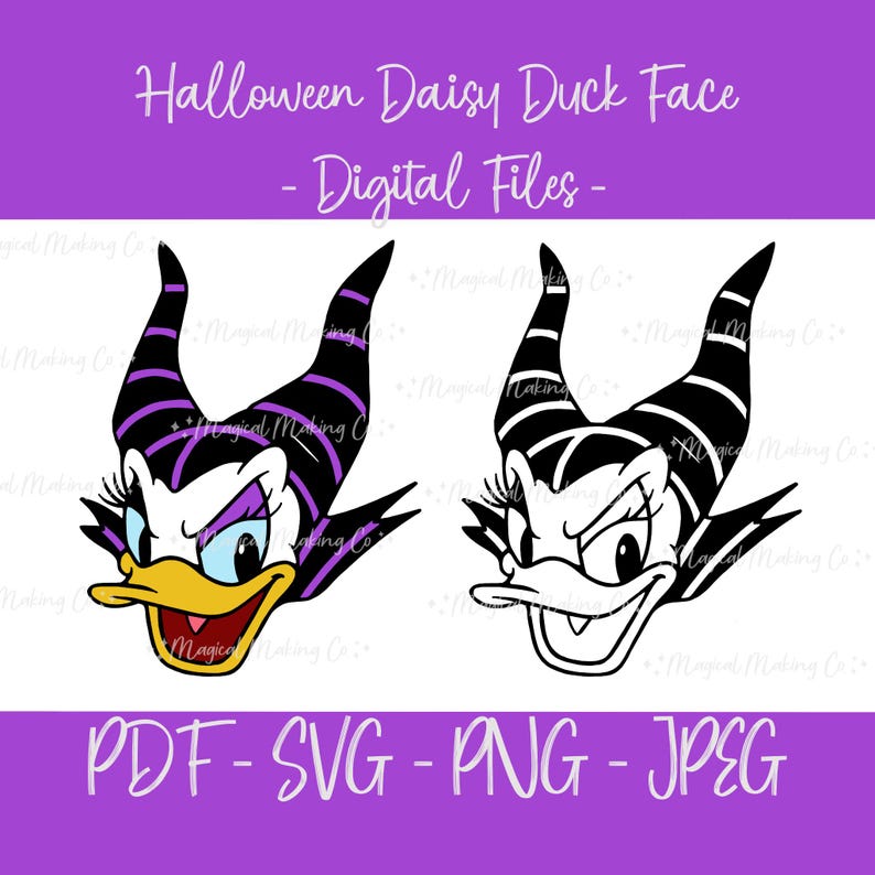 May include: Two Halloween-themed Daisy Duck face designs. One is colored with purple, black, yellow, and red. The other is a black and white outline. Text reads "Halloween Daisy Duck Face - Digital Files - PDF - SVG - PNG - JPEG".