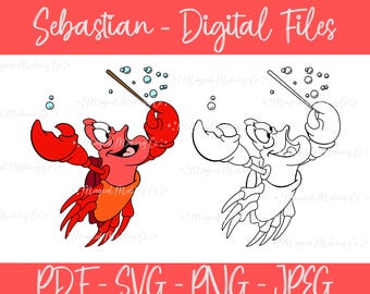 Sebastian (The Little Mermaid) Digital Files - SVG/PDF/PNG/JPeg - Kids Coloring Pages/Princess Coloring Pages