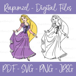 Princess Rapunzel (Tangled) Digital Files - SVG/PNG/PDF/Jpeg - Princess Coloring Pages/Kids Coloring Pages