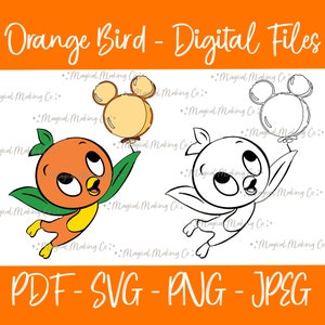 May include: A digital file set of two illustrations of an orange bird holding a balloon. One illustration is in color and the other is in black and white. The text "Orange Bird - Digital Files" and "PDF - SVG - PNG - JPEG" is at the top and bottom of the image.