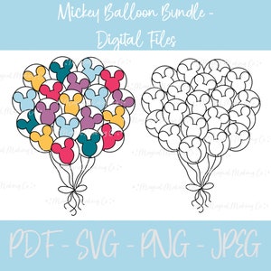 Puede incluir: Un conjunto de dos archivos digitales que representan un ramo de globos con forma de cabeza de Mickey Mouse. Una imagen es a color con globos rojos, amarillos, azules, verdes y morados. La otra imagen es en blanco y negro.