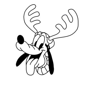 May include: Black and white line drawing of a cartoon dog with antlers. The dog is smiling with its tongue sticking out.