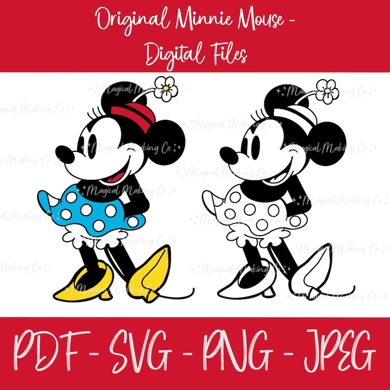 Puede incluir: Dos ilustraciones en blanco y negro de Minnie Mouse. La ilustraci&oacute;n de la izquierda tiene una falda de lunares azules y zapatos amarillos. La ilustraci&oacute;n de la derecha tiene una falda de lunares blancos y zapatos blancos. Ambas ilustraciones tienen lazos rojos y flores blancas en el pelo. El texto "PDF - SVG - PNG - JPEG" est&aacute; en la parte inferior de la imagen.