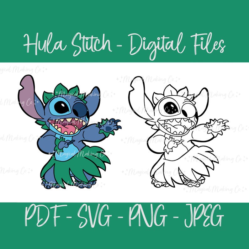 May include: Digital file showing a blue cartoon character, Stitch, in a hula outfit. The image includes a coloured version and a black and white outline. Text reads "Hula Stitch - Digital Files" and "PDF - SVG - PNG - JPEG".
