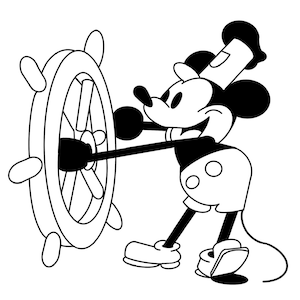 Puede incluir: Ilustración de dibujos animados en blanco y negro de Mickey Mouse con un sombrero de marinero y sosteniendo un timón.
