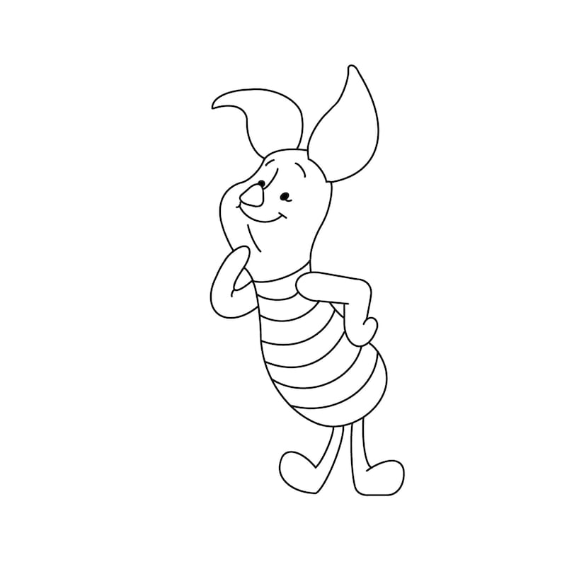 May include: A black and white line drawing of a cartoon pig with a striped shirt and a smile. The pig is standing with its arms crossed and looking to the side.