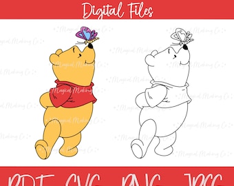 Winnie the Pooh with Butterfly Digital Files - SVG/PDF/PNG/Jpeg - Winnie the Pooh Coloring Pages/Kids Coloring Pages