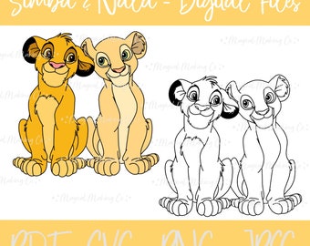 May include: Digital download files of Simba and Nala from The Lion King, in color and black and white. The image shows the two lion cubs sitting side-by-side, with Simba on the left and Nala on the right.  The text "Simba & Nala - Digital Files" is at the top of the image, and the text "PDF - SVG - PNG - JPEG" is at the bottom of the image.